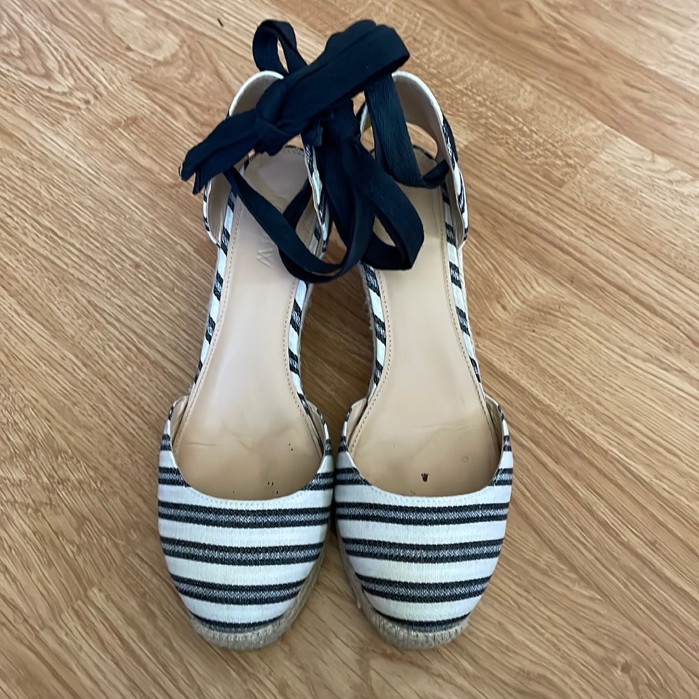Black & white striped ankle tie espadrilles, J. Crew sz 7